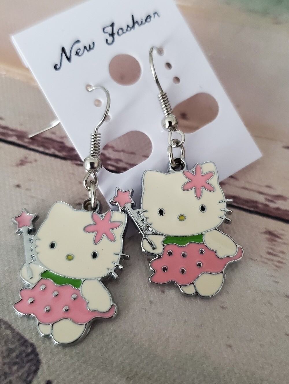 Hello Kitty w/ Wand Silver Tone Dangle Earrings
